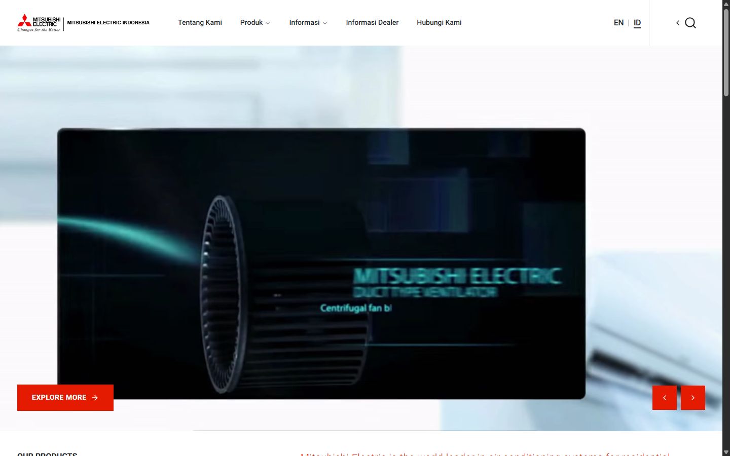 Tampilan desktop situs Mitsubishi Electric Indonesia menampilkan halaman utama dengan navigasi produk dan divisi